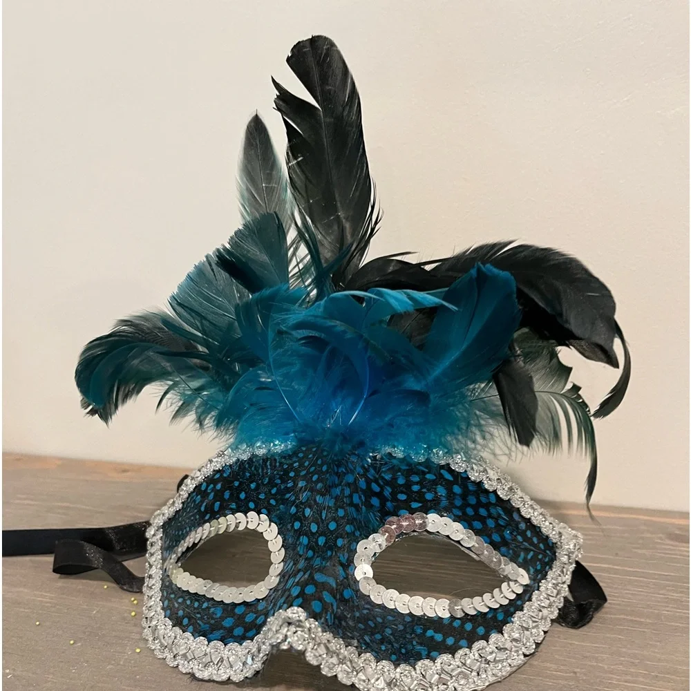 Decorative Masquerade Mask in blues and black and feathers